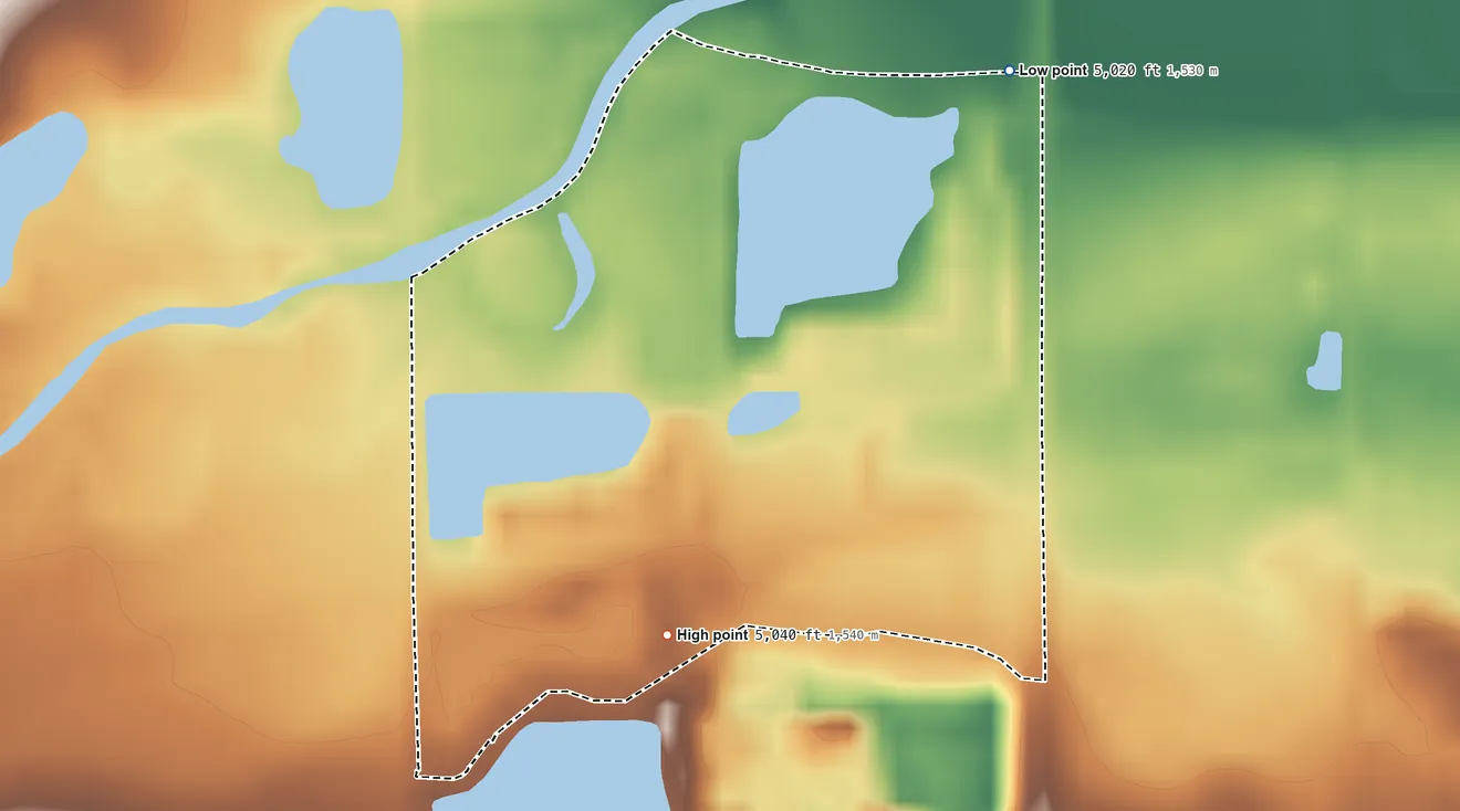 Topographic elevation map of Leyner, Colorado, shaded from 5,020 ft on the northeast side to 5,040 ft on the southwest side