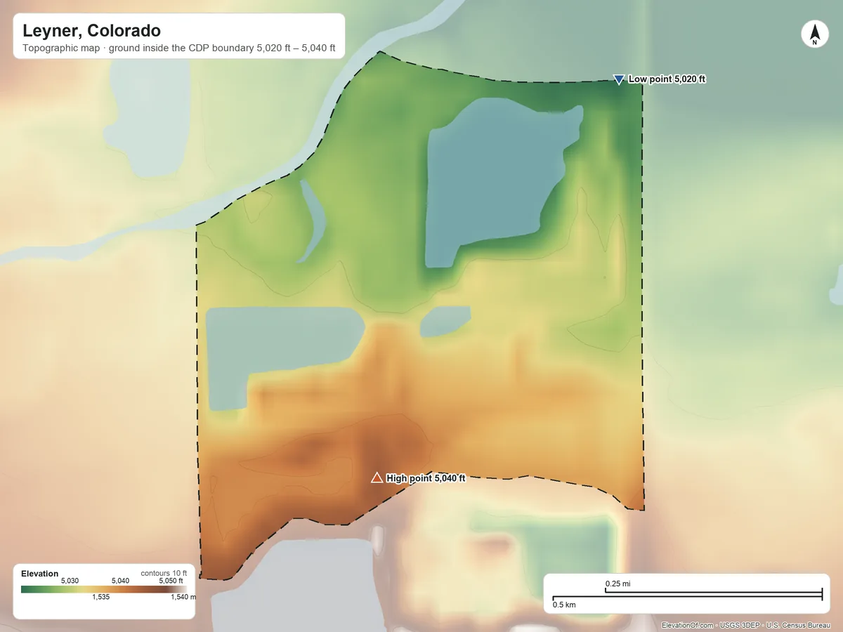 Topographic elevation map of Leyner, Colorado, shaded from 5,020 ft on the northeast side to 5,040 ft on the southwest side