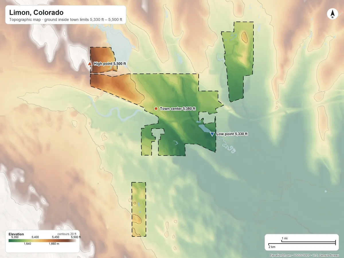 Topographic elevation map of Limon, Colorado, shaded from 5,330 ft on the southeast side to 5,500 ft on the northwest side