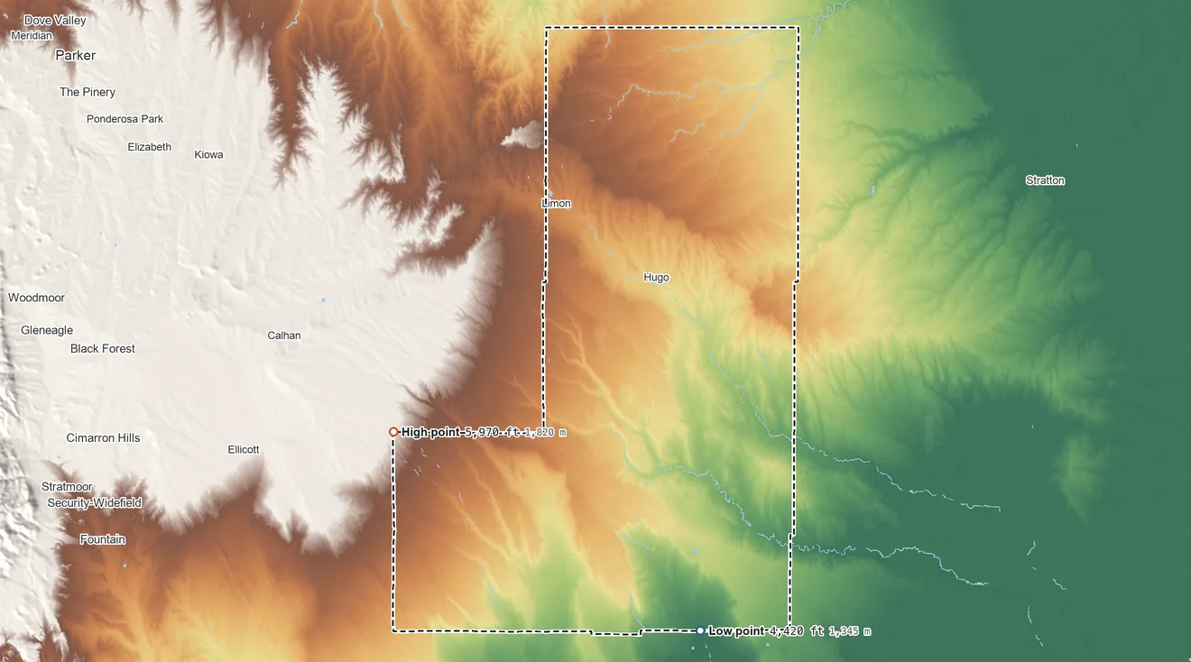 Topographic elevation map of Lincoln County, Colorado, shaded from 4,420 ft on the south side to 5,970 ft on the southwest side