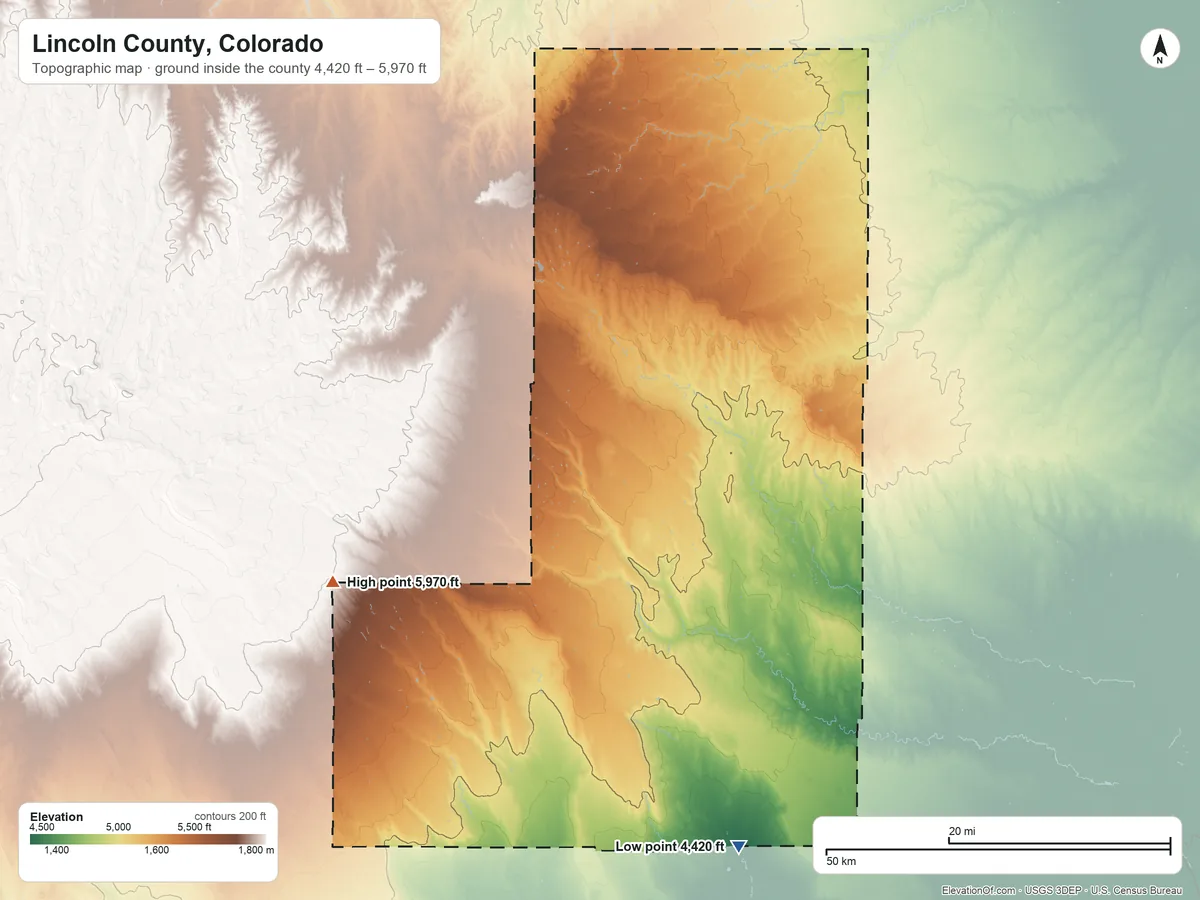 Topographic elevation map of Lincoln County, Colorado, shaded from 4,420 ft on the south side to 5,970 ft on the southwest side