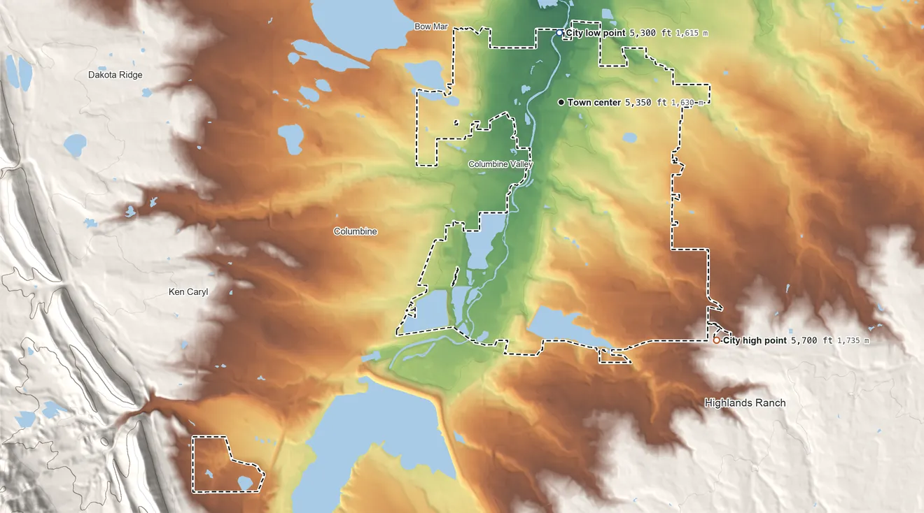 Topographic elevation map of Littleton, Colorado, shaded from 5,300 ft near the middle to 5,700 ft on the southeast side
