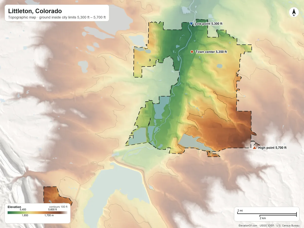 Topographic elevation map of Littleton, Colorado, shaded from 5,300 ft near the middle to 5,700 ft on the southeast side