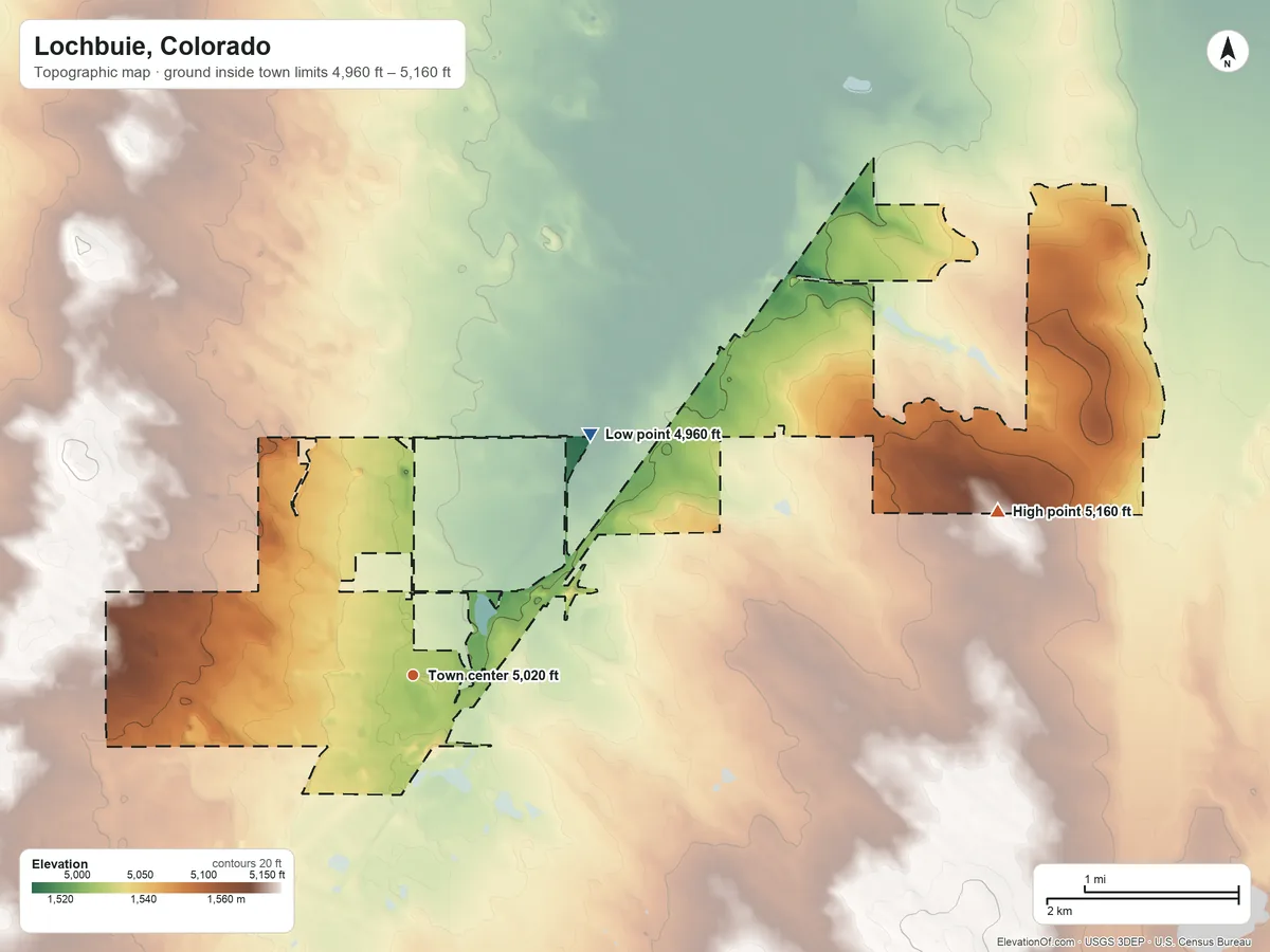 Topographic elevation map of Lochbuie, Colorado, shaded from 4,960 ft on the northeast side to 5,160 ft on the east side