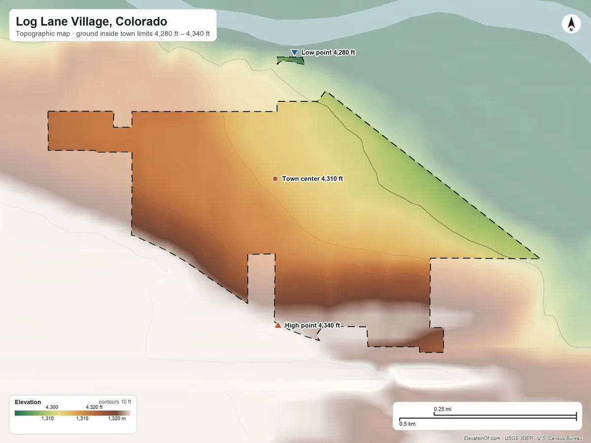 Topographic elevation map of Log Lane Village, Colorado, shaded from 4,280 ft on the north side to 4,340 ft on the south side
