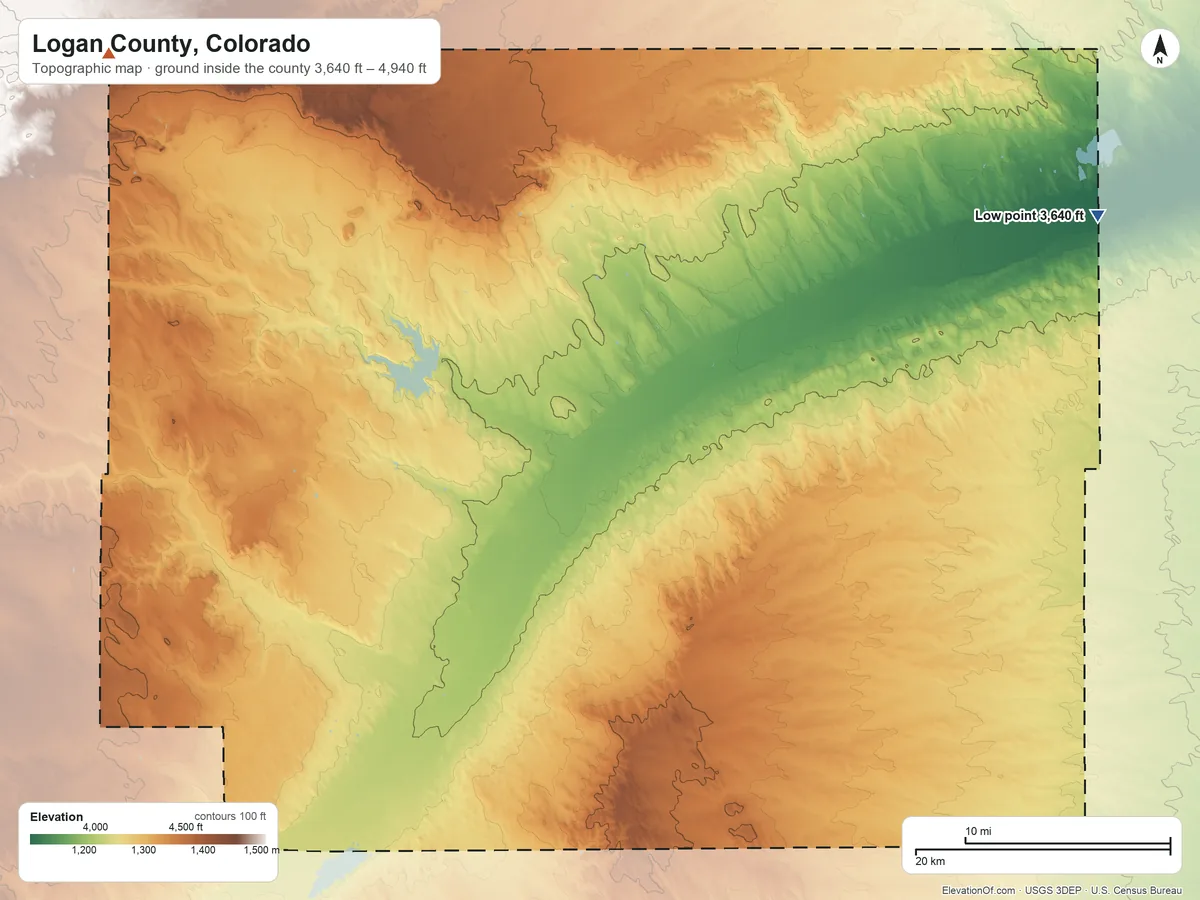 Topographic elevation map of Logan County, Colorado, shaded from 3,640 ft on the northeast side to 4,940 ft on the northwest side