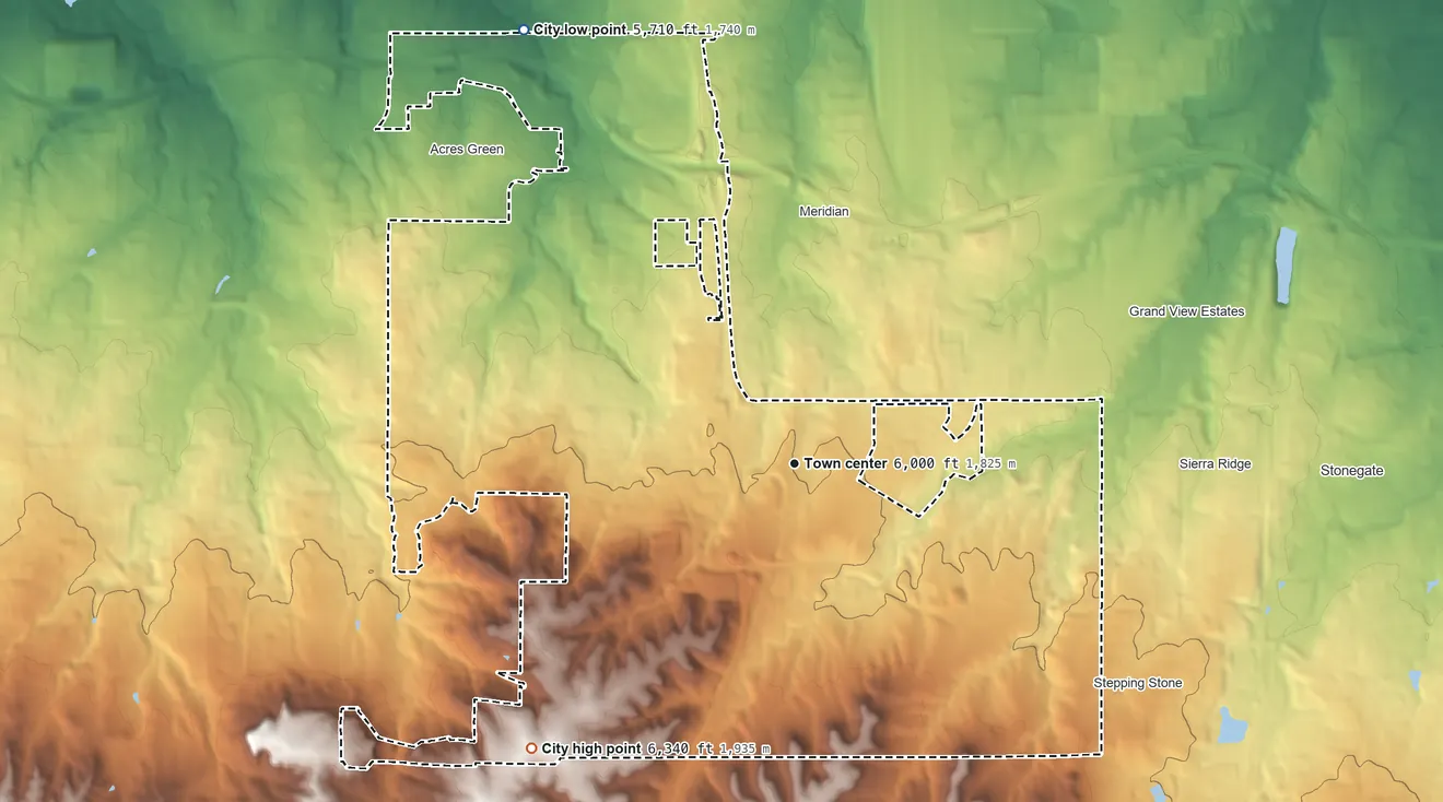 Topographic elevation map of Lone Tree, Colorado, shaded from 5,710 ft on the northwest side to 6,340 ft on the southwest side