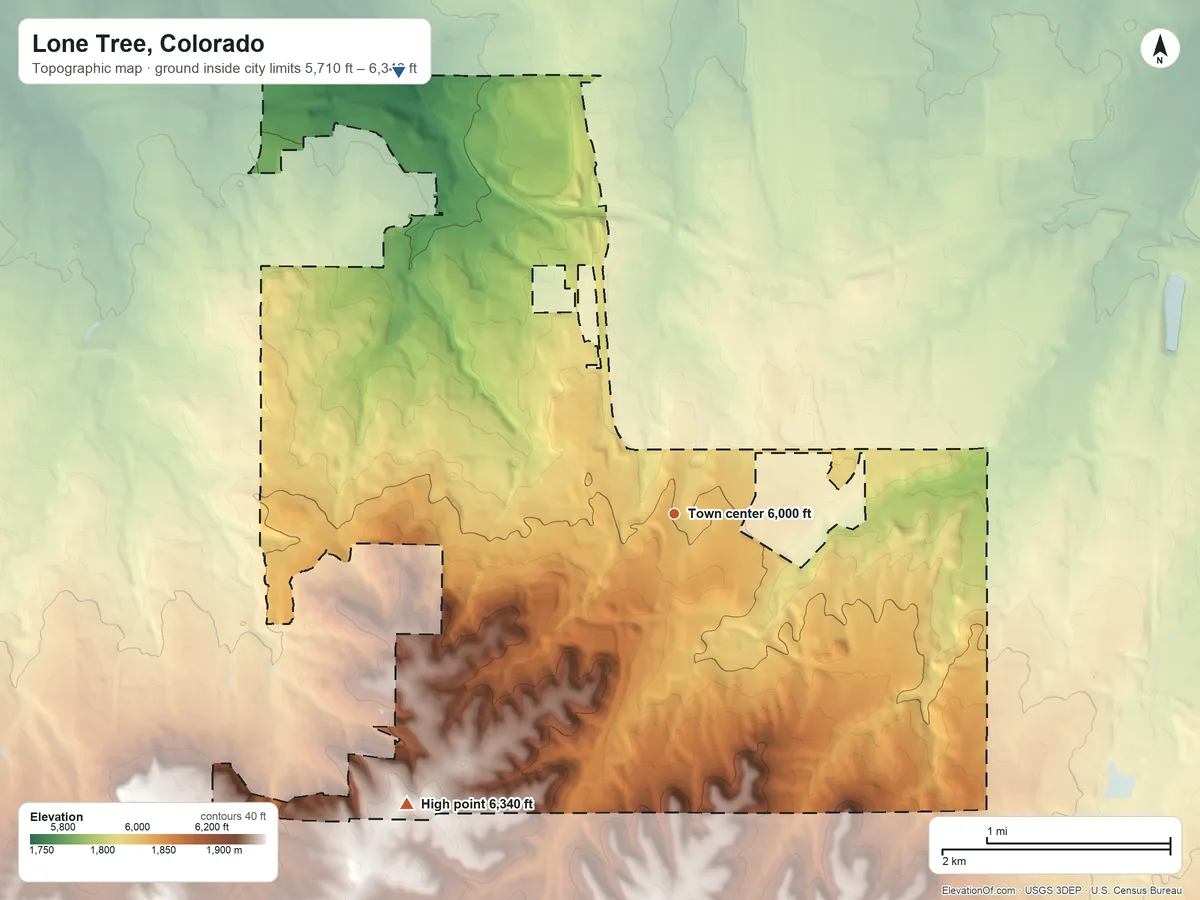 Topographic elevation map of Lone Tree, Colorado, shaded from 5,710 ft on the northwest side to 6,340 ft on the southwest side