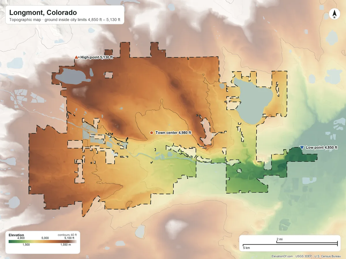 Topographic elevation map of Longmont, Colorado, shaded from 4,850 ft on the east side to 5,130 ft on the northwest side