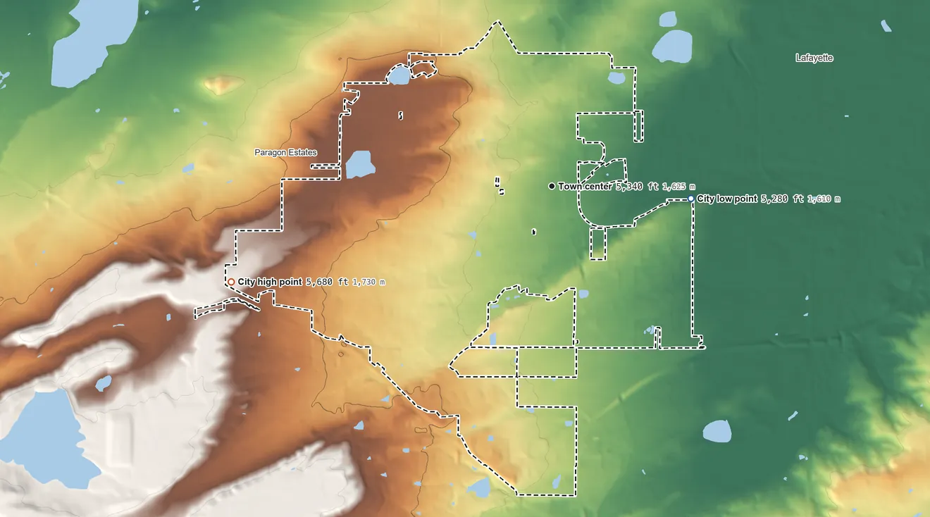 Topographic elevation map of Louisville, Colorado, shaded from 5,280 ft on the east side to 5,680 ft on the west side
