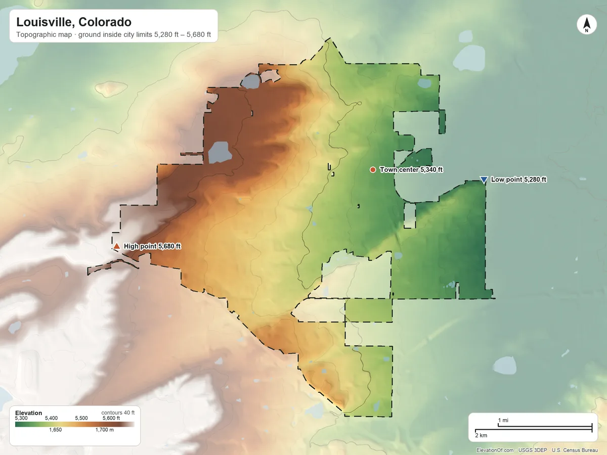 Topographic elevation map of Louisville, Colorado, shaded from 5,280 ft on the east side to 5,680 ft on the west side