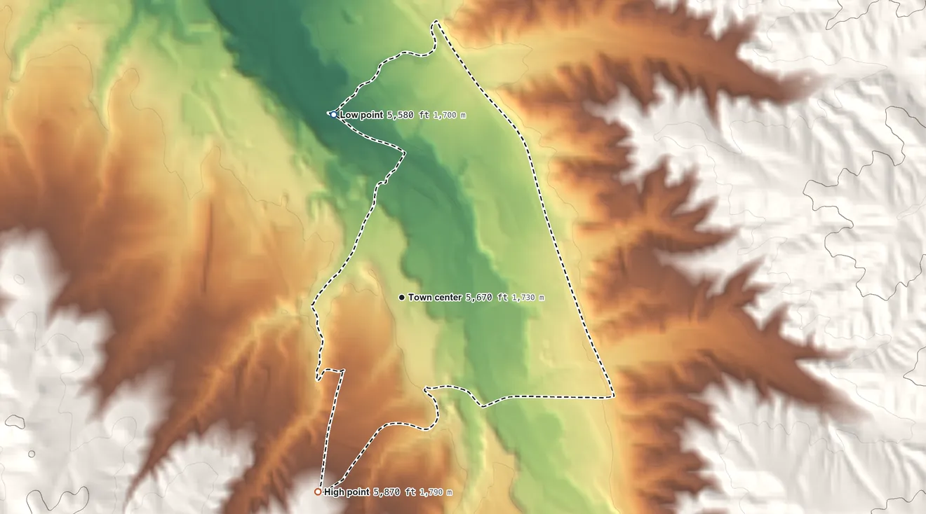 Topographic elevation map of Louviers, Colorado, shaded from 5,580 ft on the north side to 5,870 ft on the southwest side