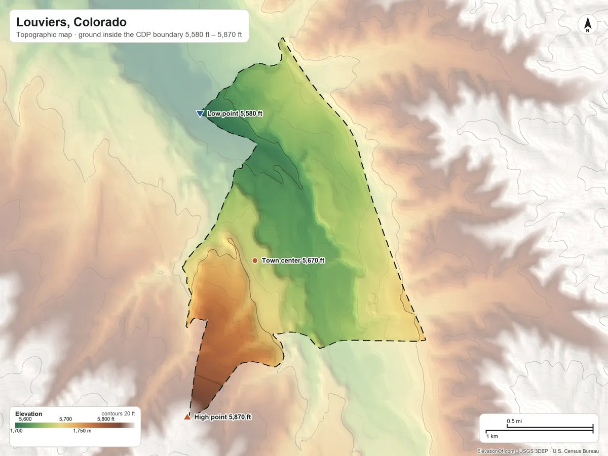 Topographic elevation map of Louviers, Colorado, shaded from 5,580 ft on the north side to 5,870 ft on the southwest side