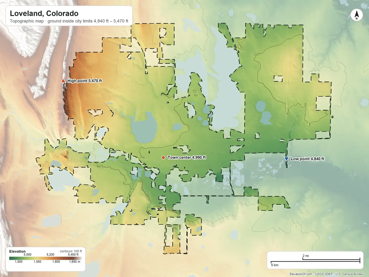 Topographic elevation map of Loveland, Colorado, shaded from 4,840 ft on the east side to 5,470 ft on the northwest edge, below higher ground just outside