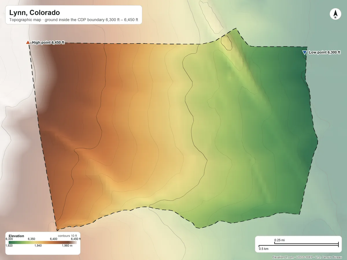 Topographic elevation map of Lynn, Colorado, shaded from 6,300 ft on the east side to 6,450 ft on the northwest edge, below higher ground just outside