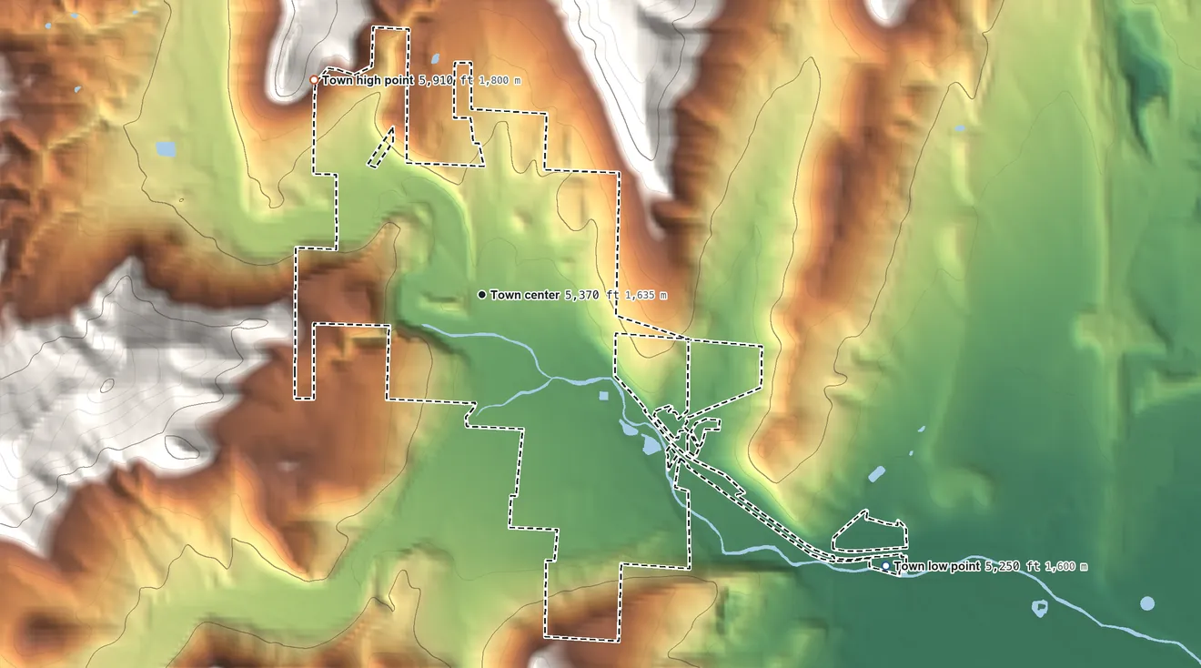 Topographic elevation map of Lyons, Colorado, shaded from 5,250 ft on the southeast side to 5,910 ft on the northwest edge, below higher ground just outside