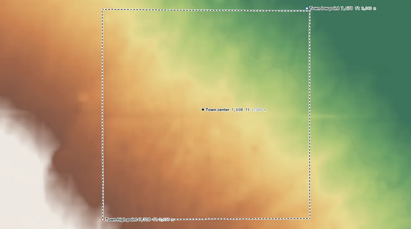 Topographic elevation map of Manassa, Colorado, shaded from 7,670 ft on the northeast side to 7,710 ft on the southwest side