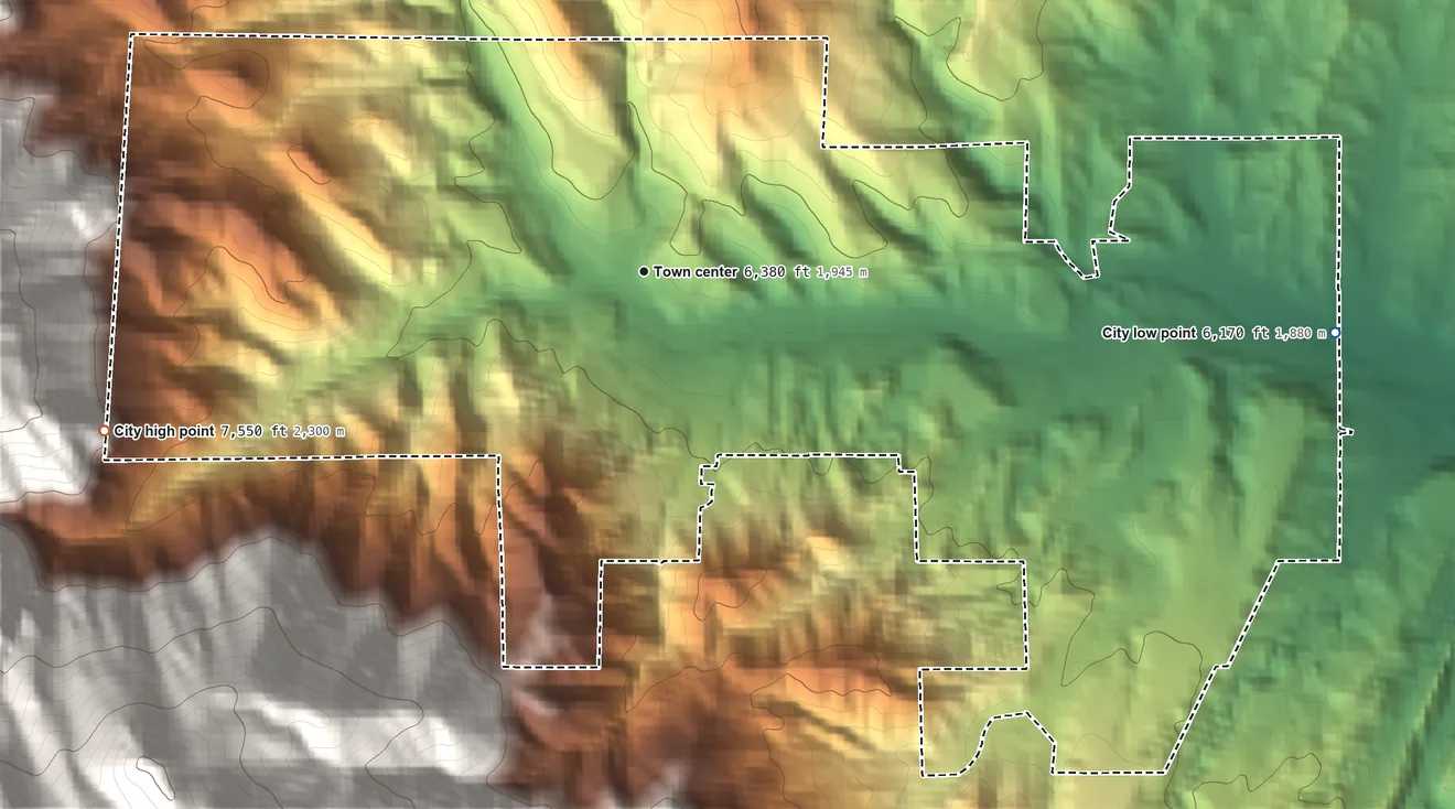 Topographic elevation map of Manitou Springs, Colorado, shaded from 6,170 ft on the east side to 7,550 ft at the foot of the Granite Hills