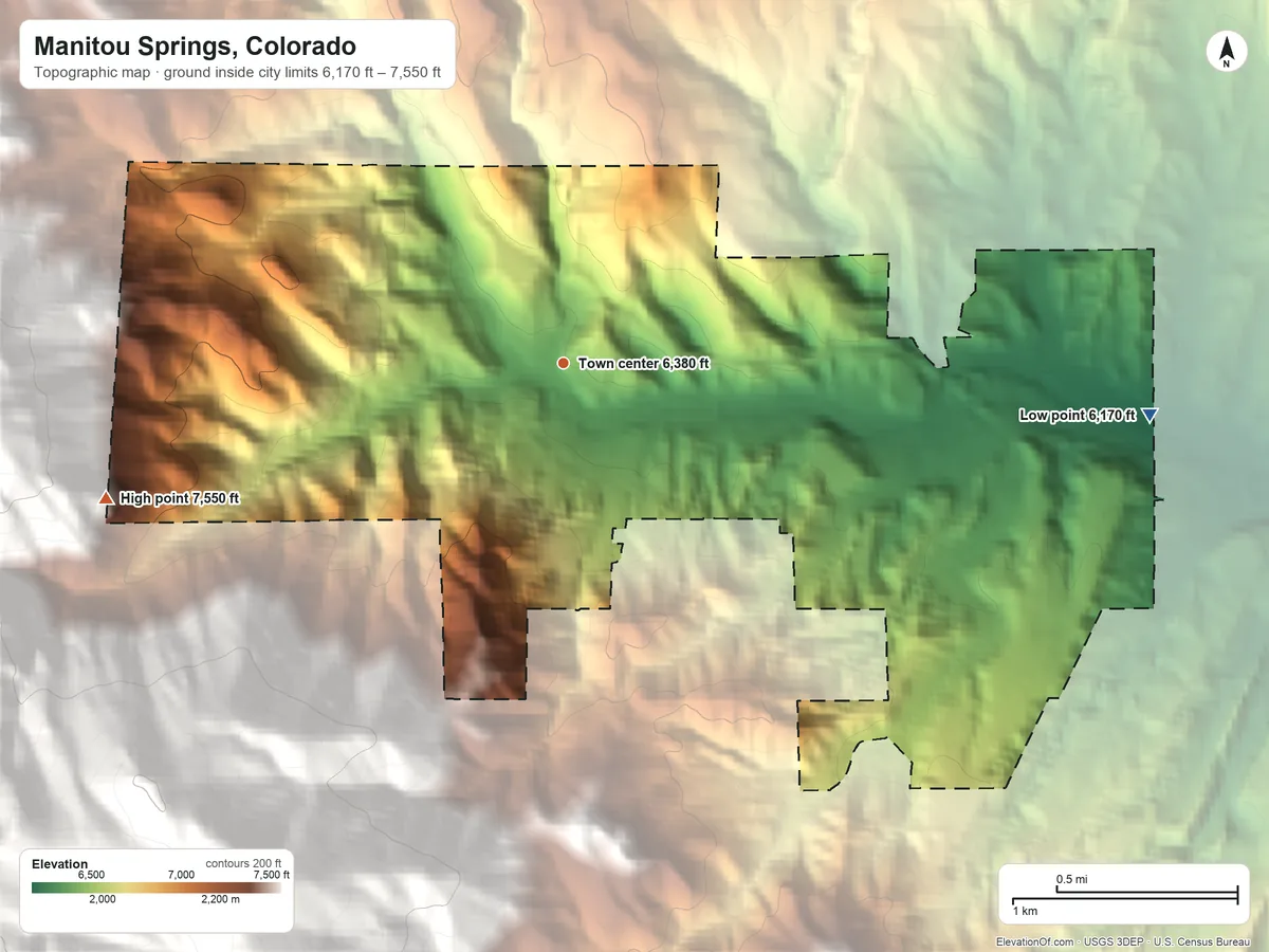 Topographic elevation map of Manitou Springs, Colorado, shaded from 6,170 ft on the east side to 7,550 ft at the foot of the Granite Hills