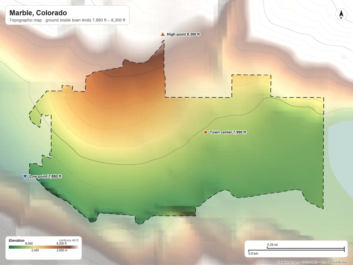 Topographic elevation map of Marble, Colorado, shaded from 7,880 ft on the west side to 8,300 ft at the foot of the Elk Mountains