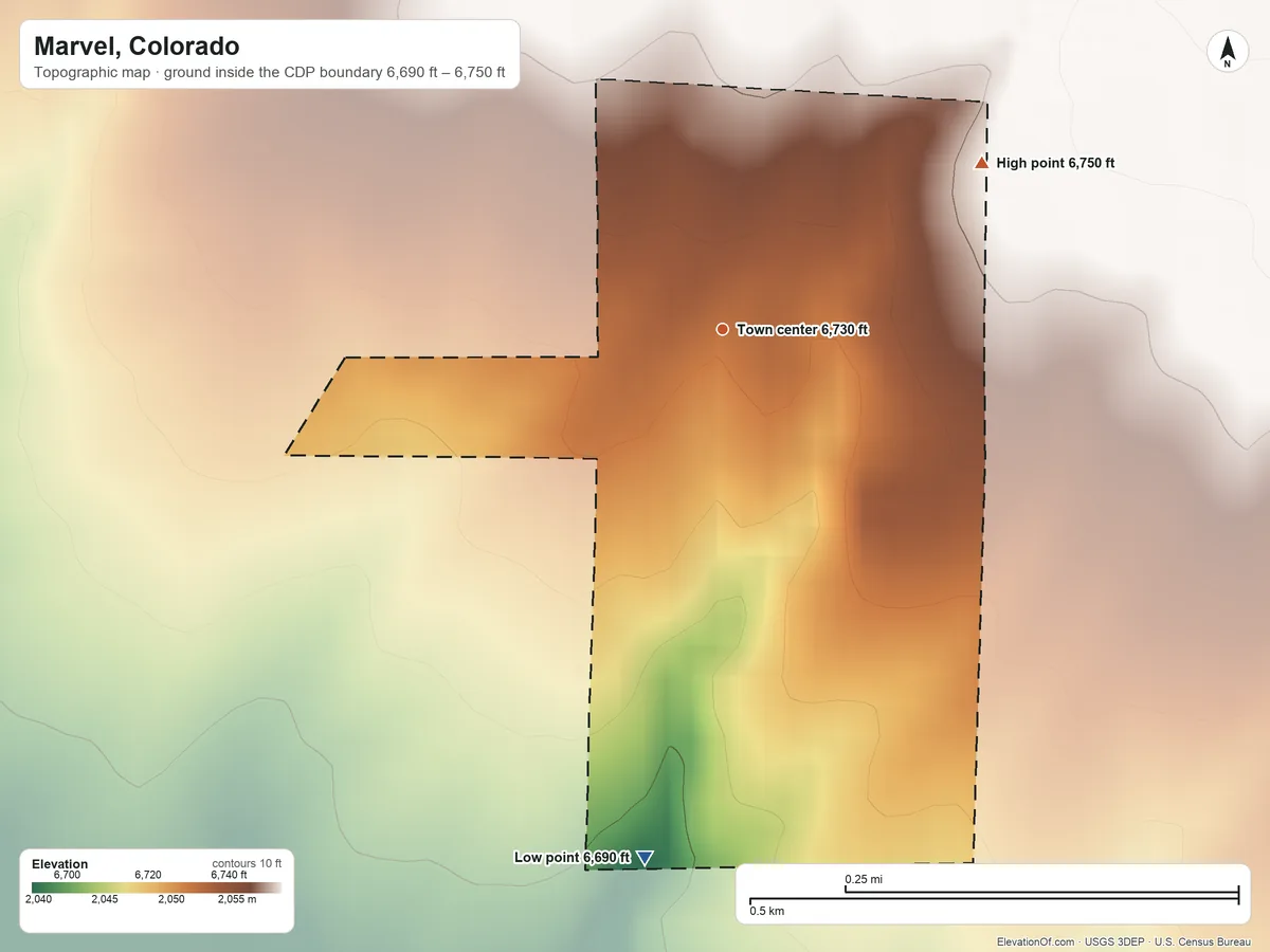 Topographic elevation map of Marvel, Colorado, shaded from 6,690 ft on the south side to 6,750 ft on the northeast side