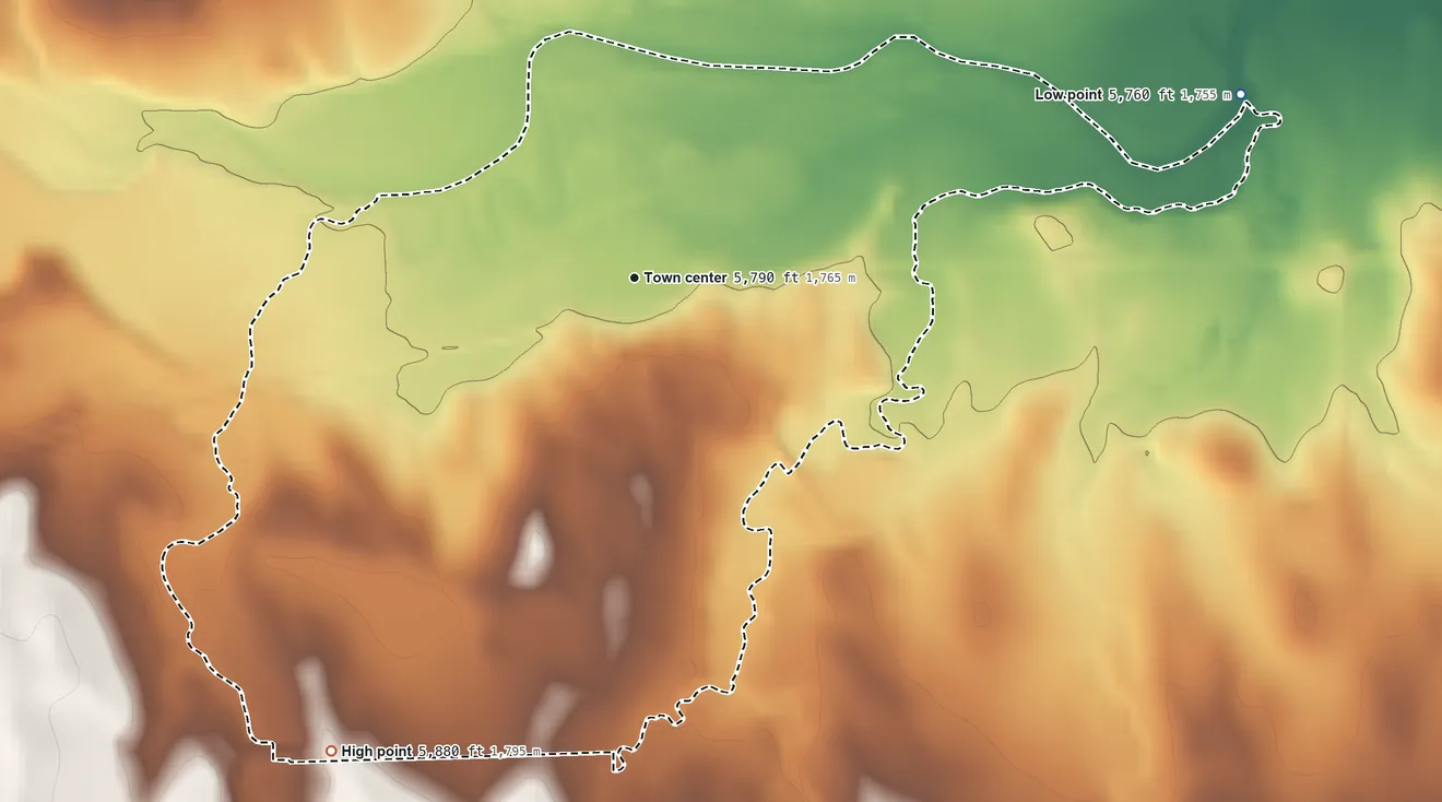 Topographic elevation map of Matheson, Colorado, shaded from 5,760 ft on the east side to 5,880 ft on the southwest side
