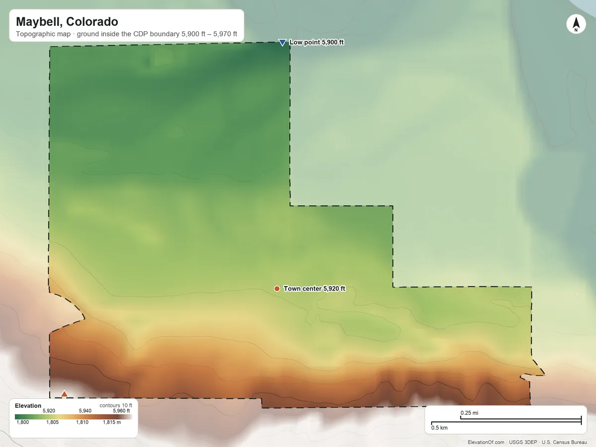 Topographic elevation map of Maybell, Colorado, shaded from 5,900 ft on the north side to 5,970 ft at the foot of the Danforth Hills