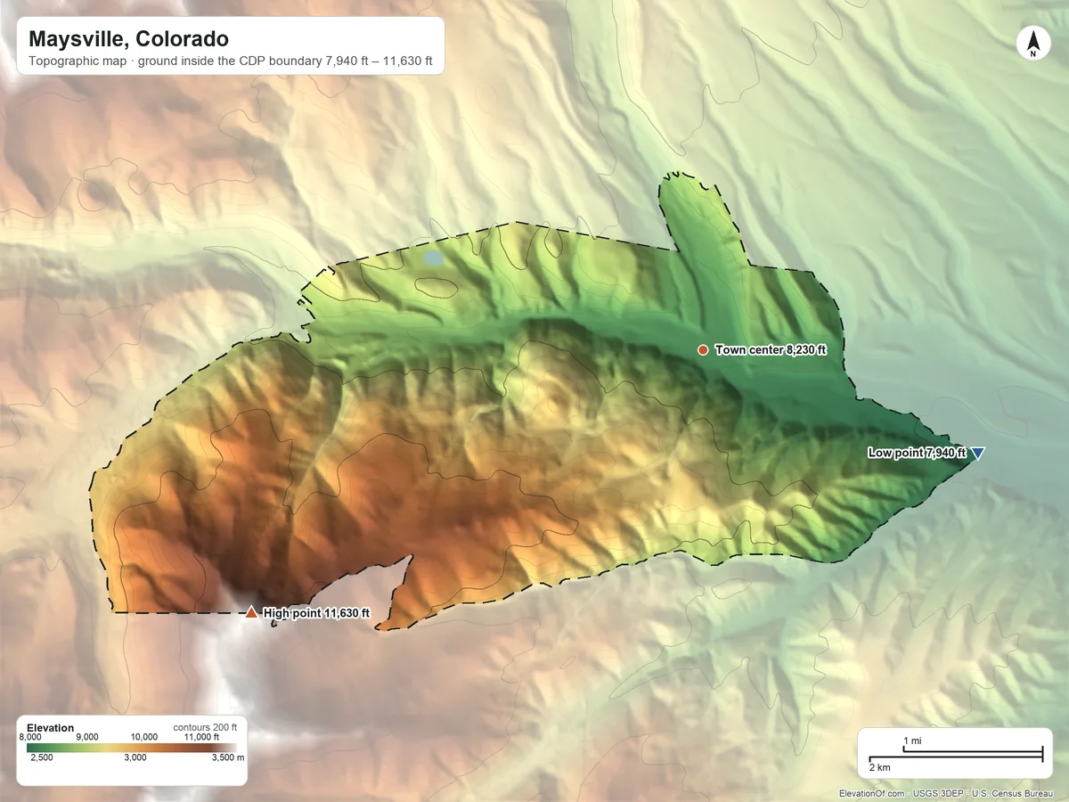 Topographic elevation map of Maysville, Colorado, shaded from 7,940 ft on the east side to 11,630 ft on the southwest edge, below higher ground just outside