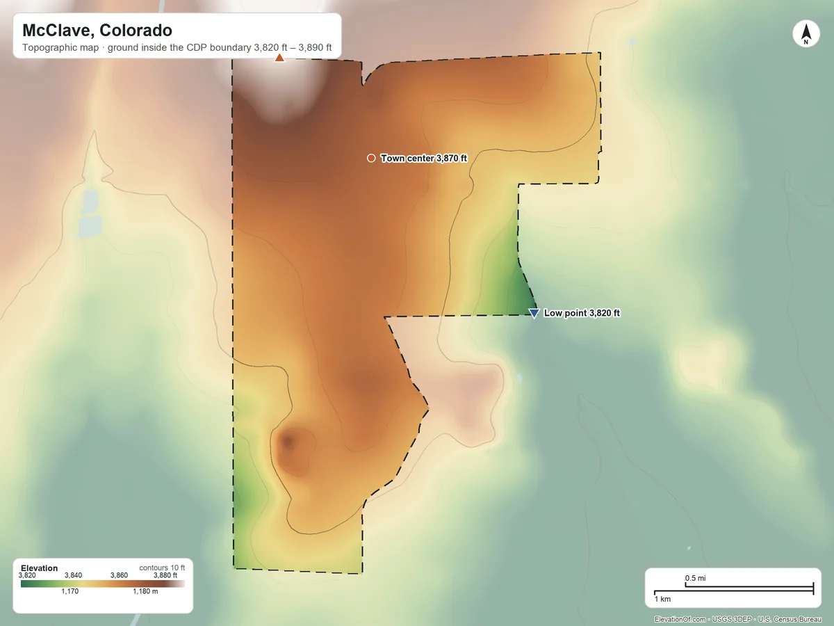 Topographic elevation map of McClave, Colorado, shaded from 3,820 ft on the southeast side to 3,890 ft on the northwest side