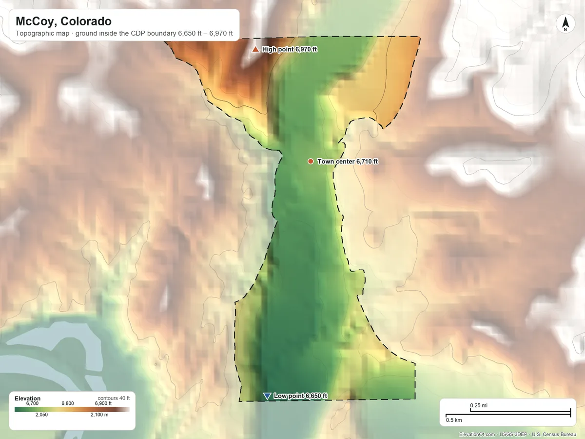Topographic elevation map of McCoy, Colorado, shaded from 6,650 ft on the south side to 6,970 ft on the northwest edge, below higher ground just outside
