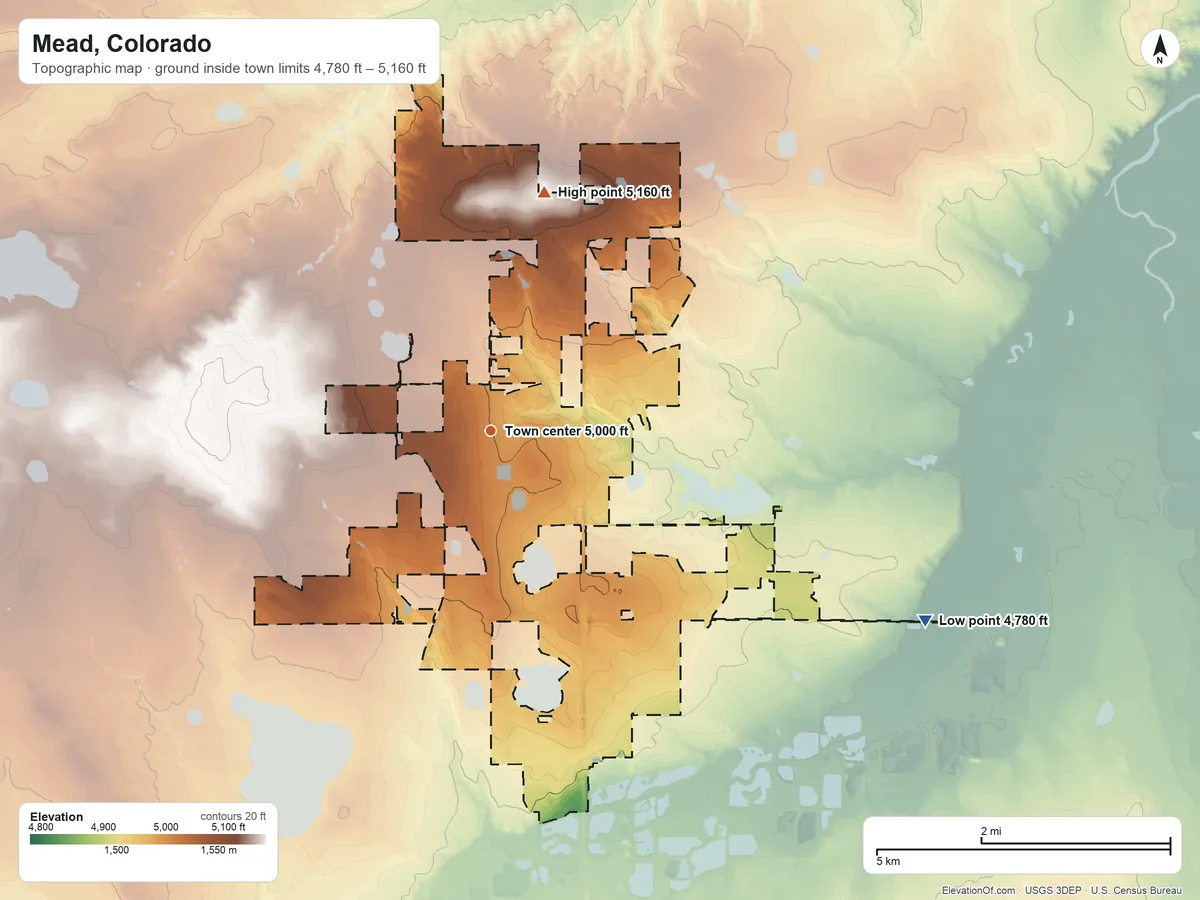 Topographic elevation map of Mead, Colorado, shaded from 4,780 ft on the southeast side to 5,160 ft on the north side