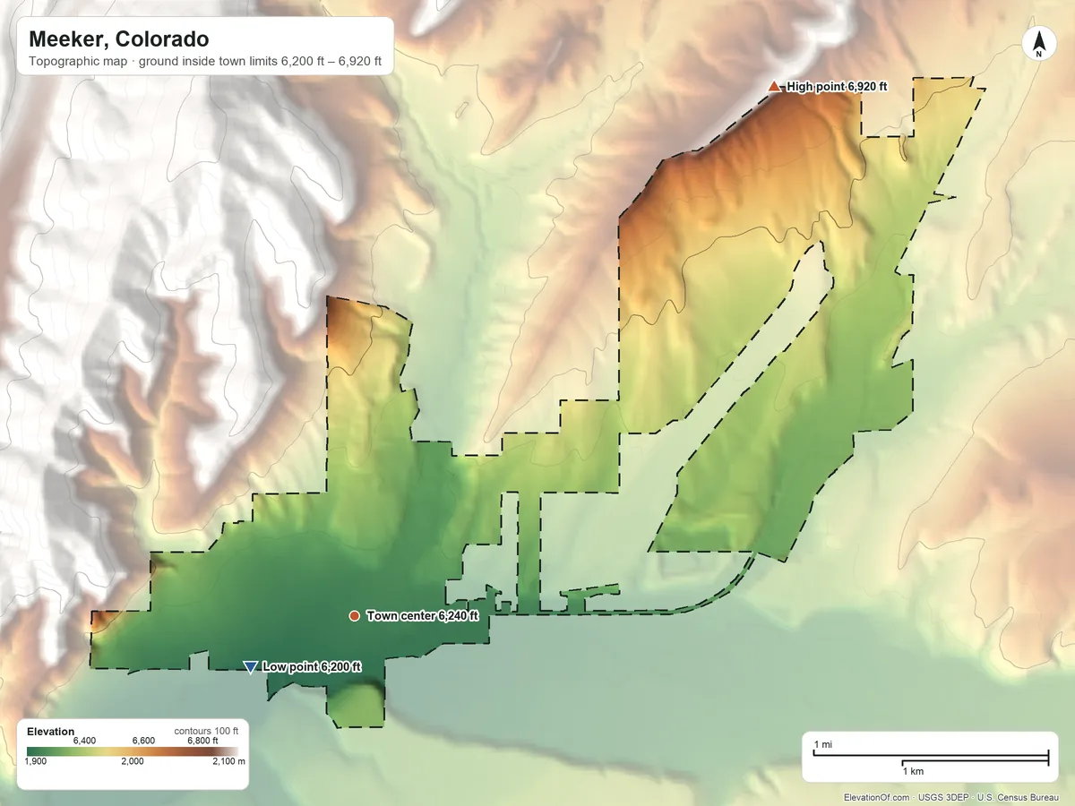 Topographic elevation map of Meeker, Colorado, shaded from 6,200 ft on the southwest side to 6,920 ft on the northeast edge, below higher ground just outside