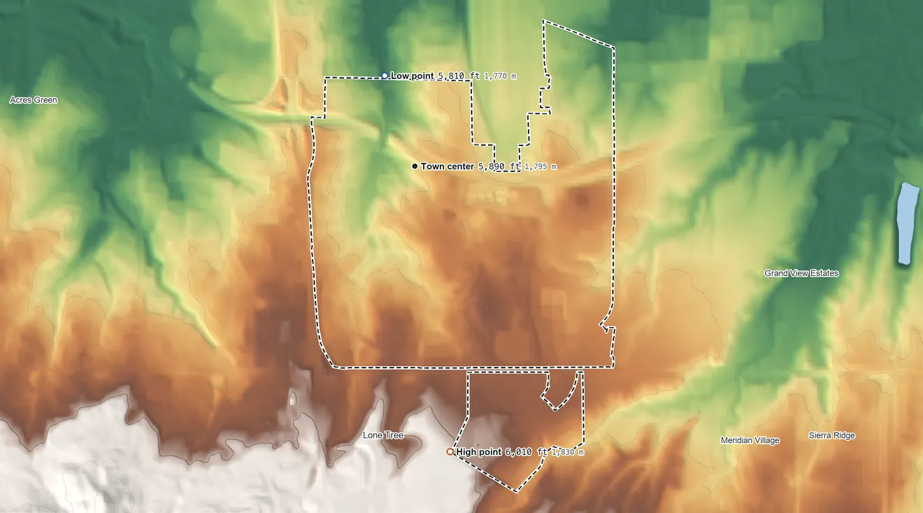Topographic elevation map of Meridian, Colorado, shaded from 5,810 ft on the north side to 6,010 ft on the south side