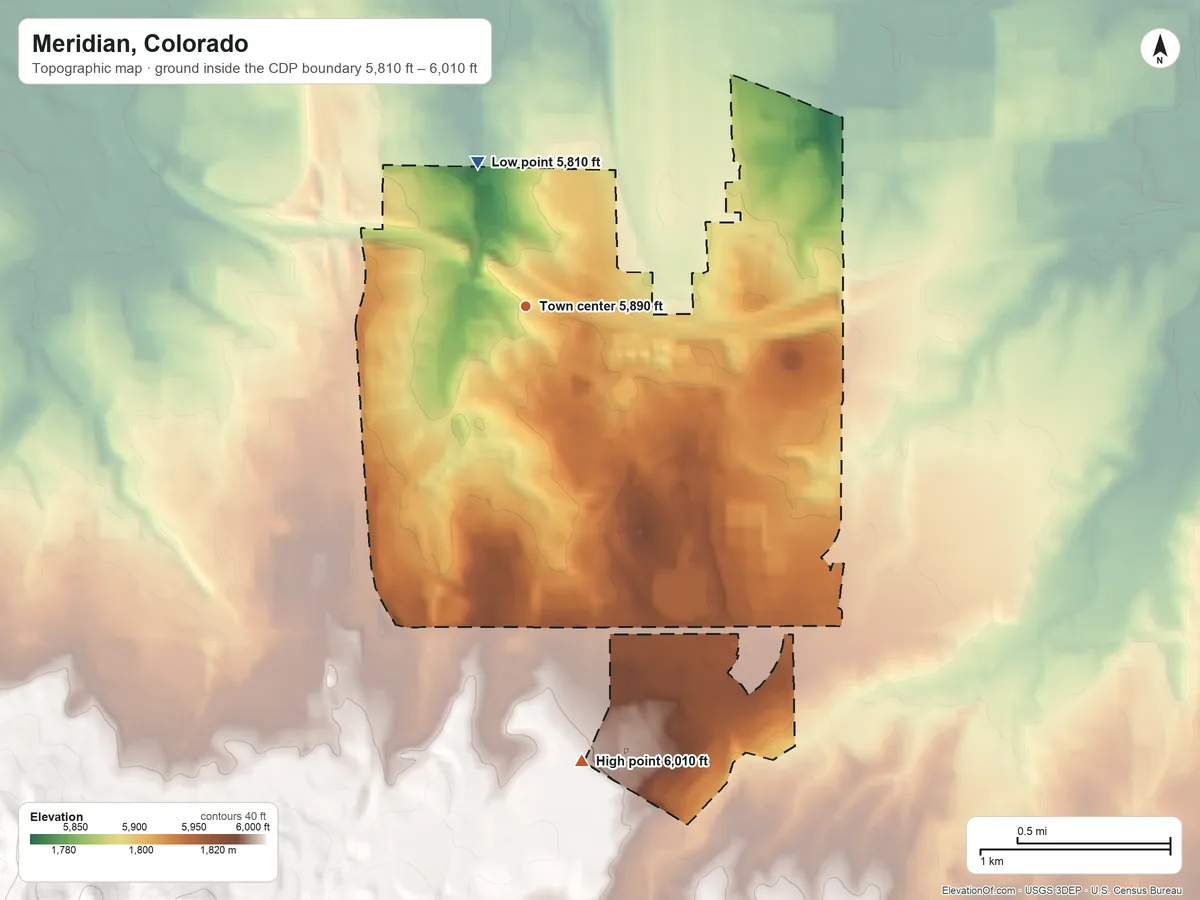 Topographic elevation map of Meridian, Colorado, shaded from 5,810 ft on the north side to 6,010 ft on the south side