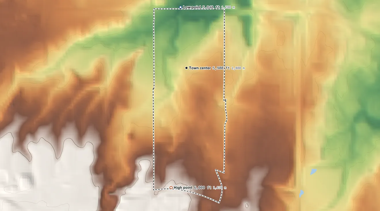 Topographic elevation map of Meridian Village, Colorado, shaded from 5,840 ft on the north side to 6,000 ft on the south edge, below higher ground just outside