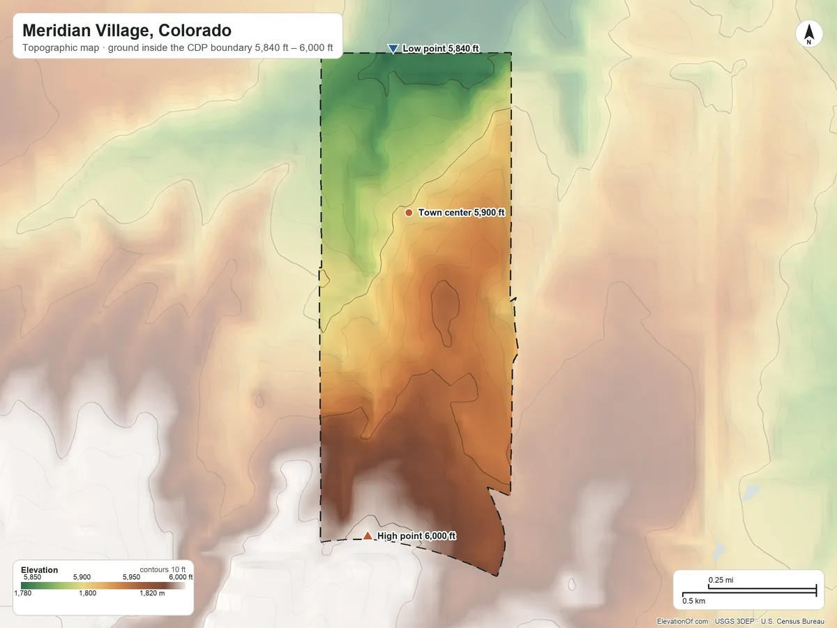 Topographic elevation map of Meridian Village, Colorado, shaded from 5,840 ft on the north side to 6,000 ft on the south edge, below higher ground just outside