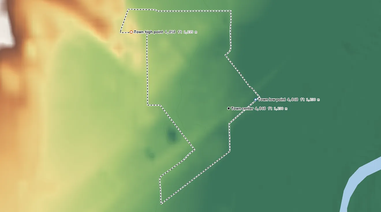 Topographic elevation map of Merino, Colorado, shaded from 4,040 ft on the east side to 4,050 ft on the northwest side
