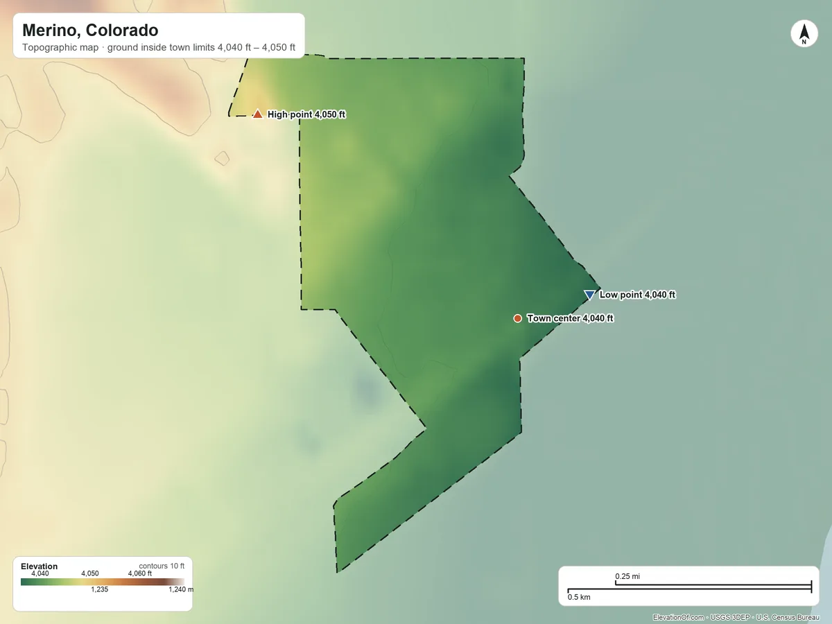 Topographic elevation map of Merino, Colorado, shaded from 4,040 ft on the east side to 4,050 ft on the northwest side