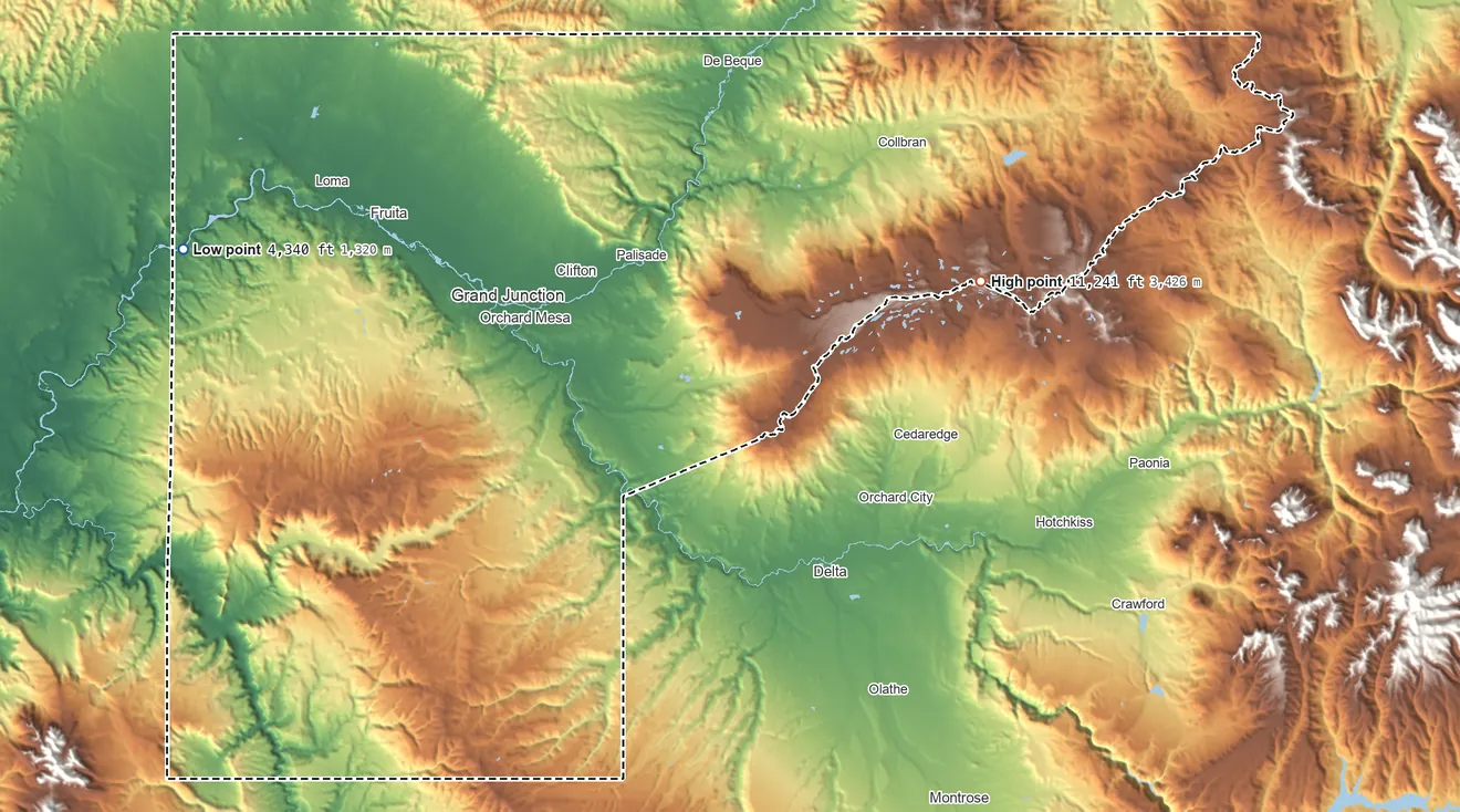 Topographic elevation map of Mesa County, Colorado, shaded from 4,340 ft on the west side to 11,241 ft on Leon Peak