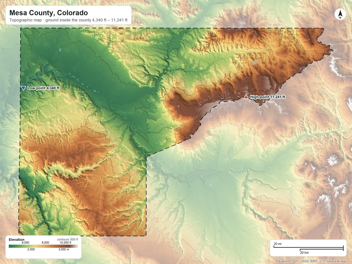 Topographic elevation map of Mesa County, Colorado, shaded from 4,340 ft on the west side to 11,241 ft on Leon Peak