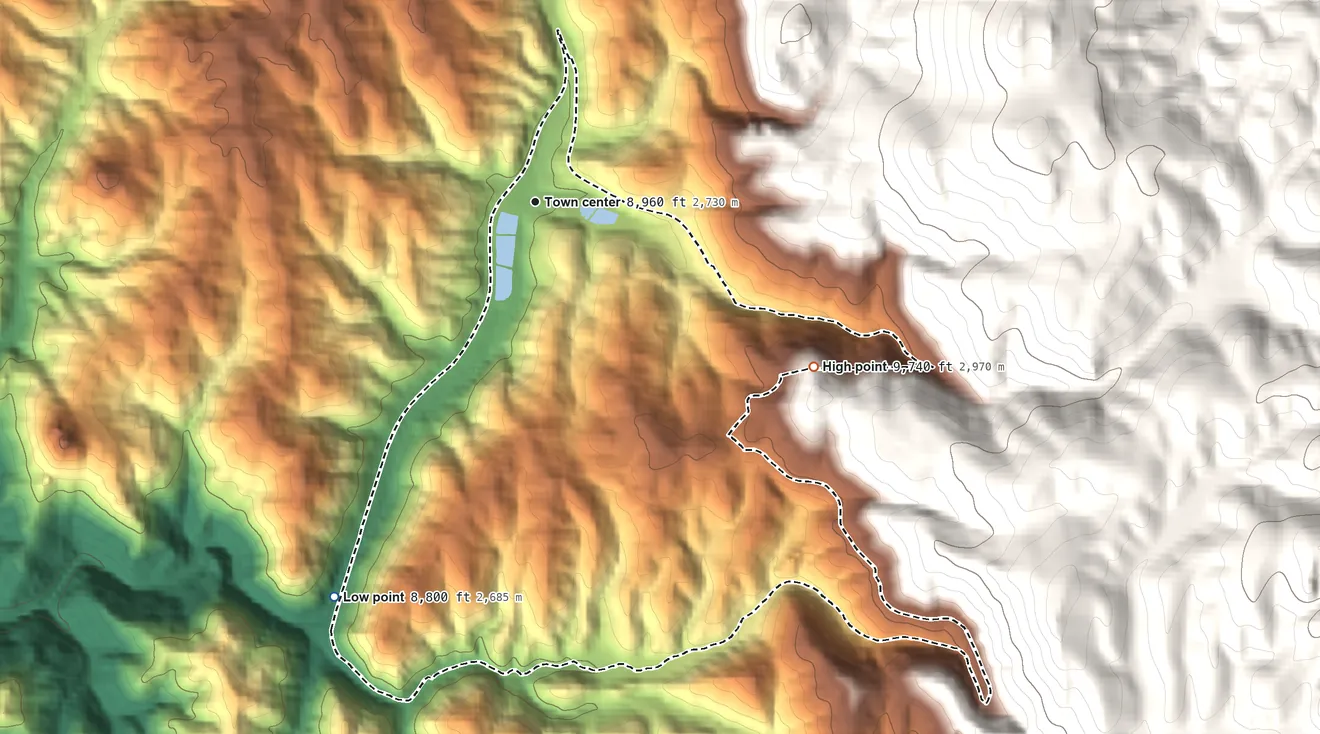 Topographic elevation map of Midland, Colorado, shaded from 8,800 ft on the southwest side to 9,740 ft at the foot of the Granite Hills