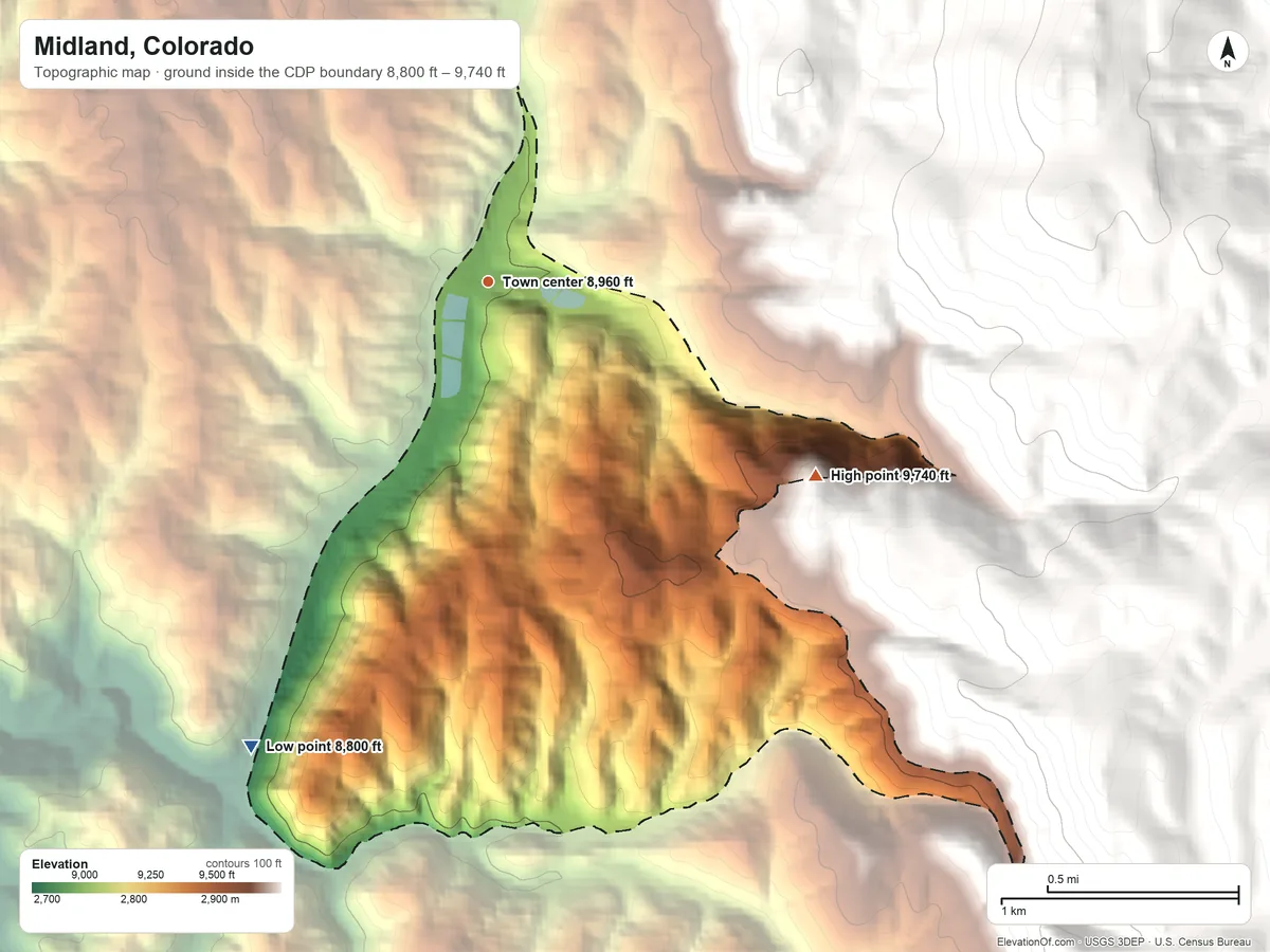 Topographic elevation map of Midland, Colorado, shaded from 8,800 ft on the southwest side to 9,740 ft at the foot of the Granite Hills