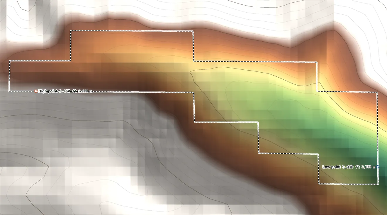 Topographic elevation map of Mill Creek Park, Colorado, shaded from 9,030 ft on the southeast side to 9,450 ft at the foot of the Front Range