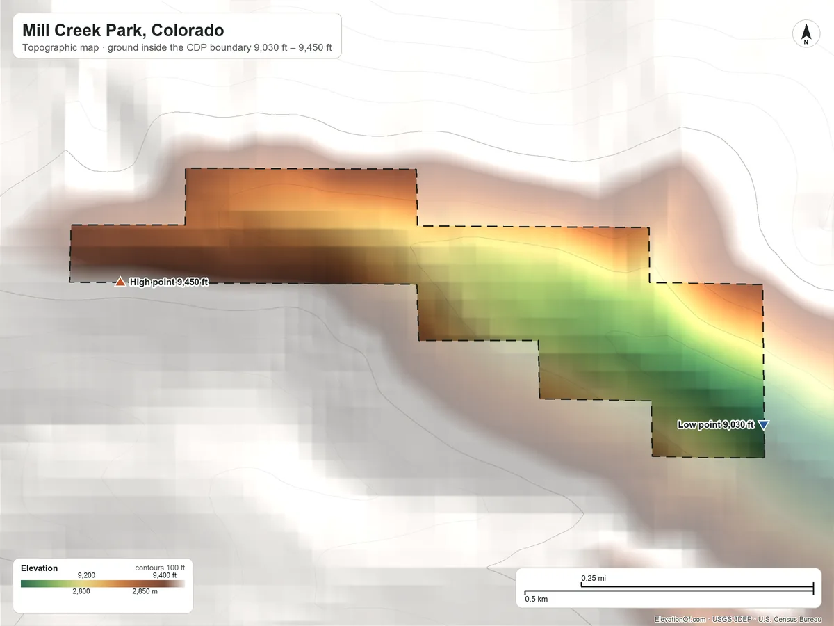 Topographic elevation map of Mill Creek Park, Colorado, shaded from 9,030 ft on the southeast side to 9,450 ft at the foot of the Front Range