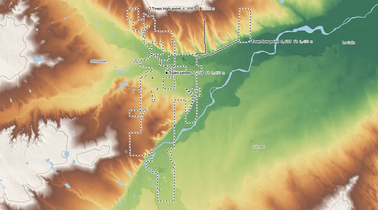 Topographic elevation map of Milliken, Colorado, shaded from 4,680 ft on the east side to 4,990 ft on the north side