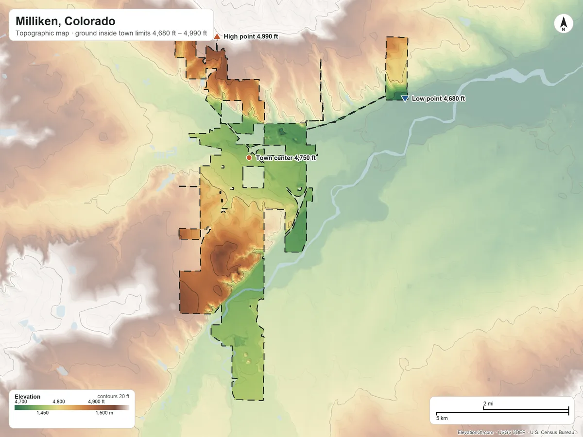 Topographic elevation map of Milliken, Colorado, shaded from 4,680 ft on the east side to 4,990 ft on the north side