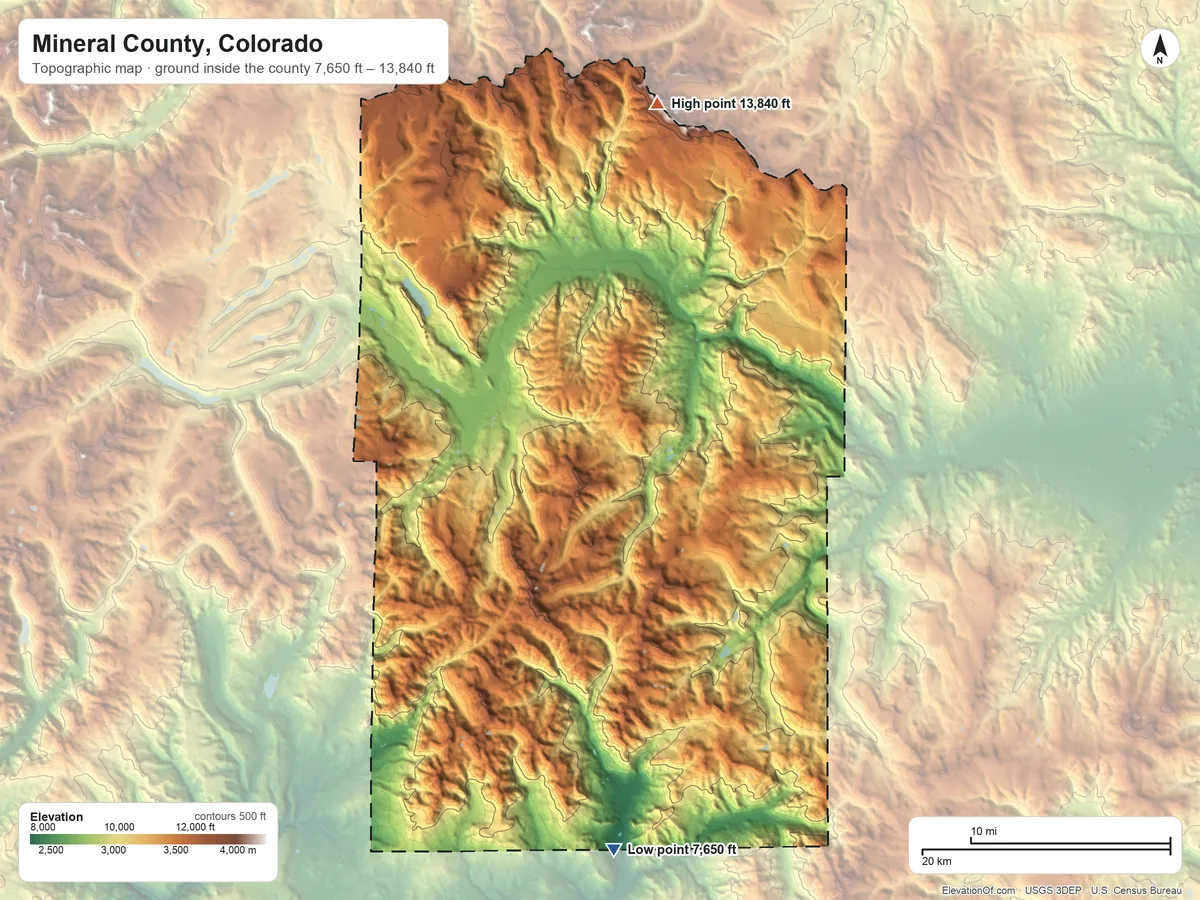 Topographic elevation map of Mineral County, Colorado, shaded from 7,650 ft on the south side to 13,840 ft in the La Garita Mountains