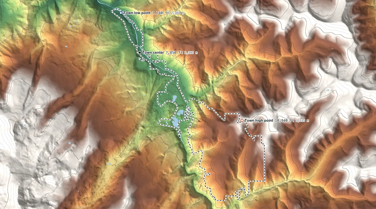 Topographic elevation map of Minturn, Colorado, shaded from 7,740 ft on the northwest side to 10,940 ft at the foot of the Gore Range