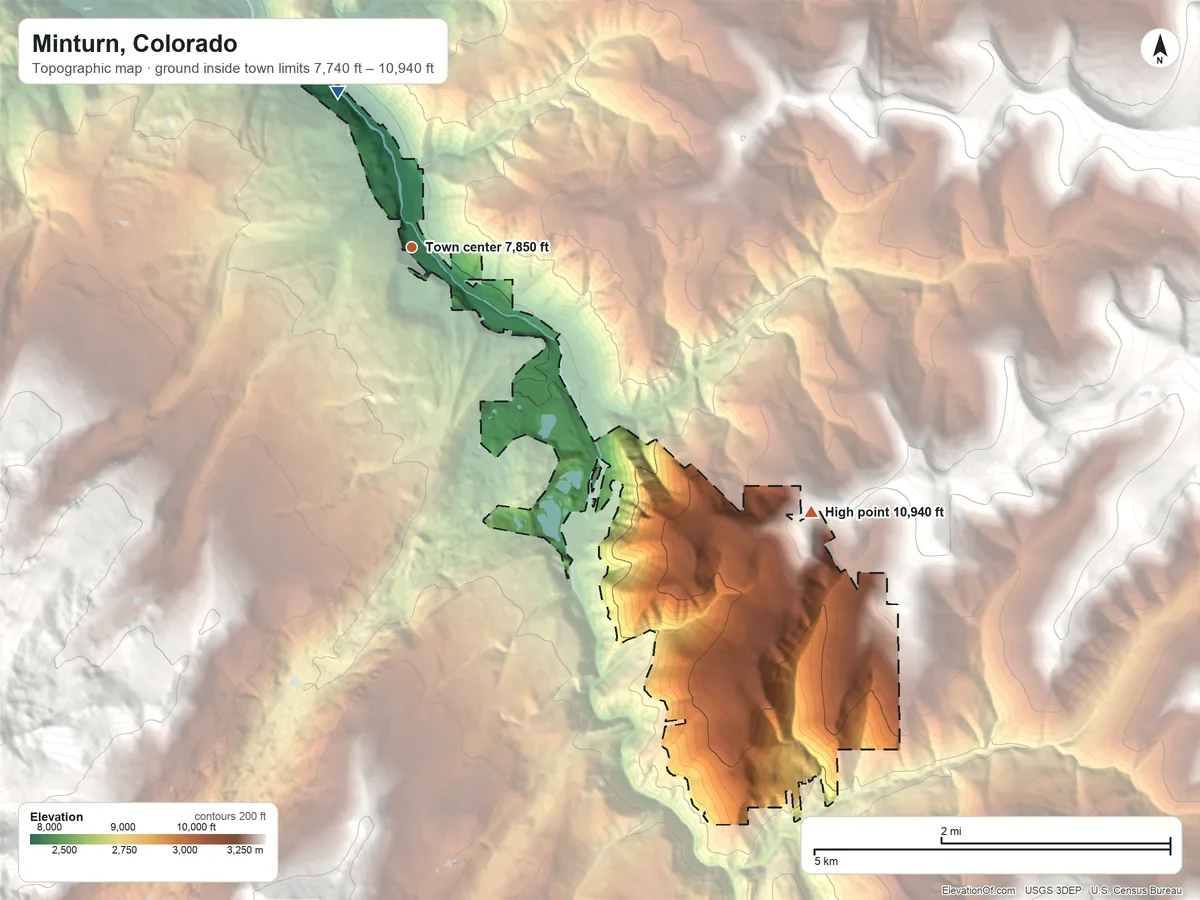 Topographic elevation map of Minturn, Colorado, shaded from 7,740 ft on the northwest side to 10,940 ft at the foot of the Gore Range