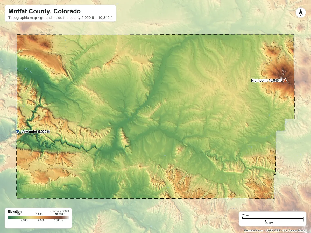 Topographic elevation map of Moffat County, Colorado, shaded from 5,020 ft on the west side to 10,840 ft on Black Mountain